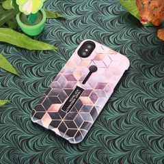 Seamless Rhombus Pattern Embossed Painted TPU + PC Case with Holder for iPhone XS(Light Pink)
