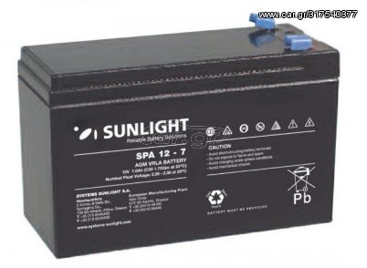 SUNLIGHT SPA 12-7 Επαναφορτιζόμενη μπαταρία μολύβδου για UPS κλειστού τύπου 12V 7,0Ah