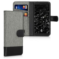 kwmobile Wallet Case for Alcatel 1S - Fabric and PU Leather Flip Cover with Card Slots and Stand - Grey / Black