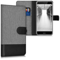 kwmobile Wallet Case for Huawei P8 Lite (2017) - Fabric and PU Leather Flip Cover with Card Slots and Stand - Grey / Black