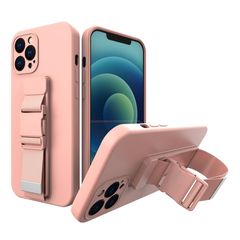 Rope case gel TPU airbag case cover with lanyard for iPhone 12 Pro pink