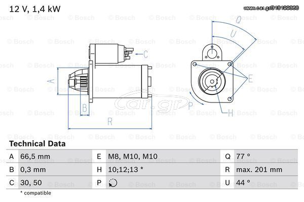 Μίζα BOSCH 0986022800 για Mercedes-Benz Citan 1500cc 108 CDI 75ps 2012- OM 607.951 A6079060300 6079060300 M0T21471 M0T87881 M000T21471 M000T87881 23300BC40B 23300BC400 2330000QA0 2330000Q0F 2330000Q1H