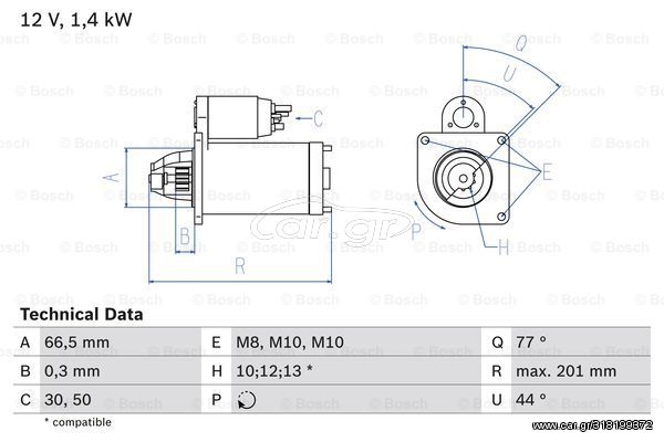 Μίζα BOSCH 0986022800 για Mercedes-Benz Citan Mixto 1500cc 111 CDI 110ps 2013- OM 607.951 A6079060300 6079060300 M0T21471 M0T87881 M000T21471 M000T87881 23300BC40B 23300BC400 2330000QA0 2330000Q0F 233