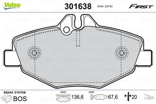 Σετ τακάκια, δισκόφρενα VALEO 301638 για Mercedes-Benz E-Class W211 2100cc D 136ps 2002-2008 OM 646.961 0034206520 0034209920 0044208720 34206520 34209920 44208720