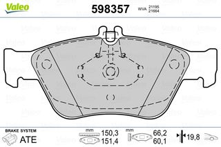 Σετ τακάκια, δισκόφρενα VALEO 598357 για Mercedes-Benz CLK-Class C208 2300cc 230 Kompressor 193 1997-2000 M 111.973 0024204420 0024209620 0044200220 24204420 24209620 44200220