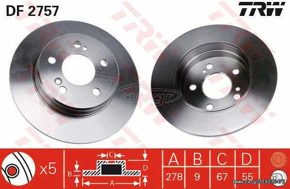 Δισκόπλακα TRW DF2757 για Mercedes-Benz C-Class SW S202 2800cc C280 Turbo197ps 1997-2001 M 112.920 5098066AA 05098066AA 5098065AA 68031811AA A2104230912 A2104230412 A2034230012 A2034230112 2104230112