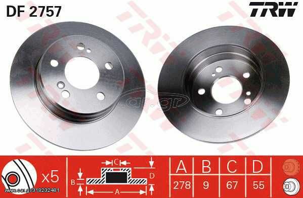 Δισκόπλακα TRW DF2757 για Mercedes-Benz C-Class W203 2200cc C200 CDI 102ps 2001-2003 OM 611.962 5098066AA 05098066AA 5098065AA 68031811AA A2104230912 A2104230412 A2034230012 A2034230112 2104230112 203