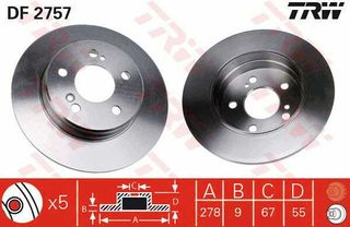 Δισκόπλακα TRW DF2757 για Mercedes-Benz C-Class W203 1800cc C200 CGI Kompressor 2003-2007 M 271.942 5098066AA 05098066AA 5098065AA 68031811AA A2104230912 A2104230412 A2034230012 A2034230112 2104230112
