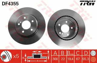 Δισκόπλακα TRW DF4355 για Mercedes-Benz CLK-Class C209 5500cc 500 388ps 2006-2009 M 273.965 A2104230812 A210423081264 2104230812 210423081264