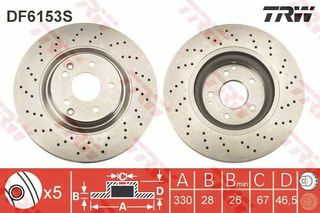 Δισκόπλακα TRW DF6153S για Mercedes-Benz CLK-Class C209 1800cc 200 Kompressor 163 2002-2009 M 271.940 2034211312 A2034211312