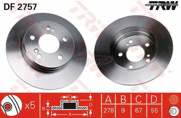 Δισκόπλακα TRW DF2757 για Mercedes-Benz SLK-Class R170 2000cc 200 Kompressor 163 2000-2004 M 111.958 5098066AA 05098066AA 5098065AA 68031811AA A2104230912 A2104230412 A2034230012 A2034230112 210423011