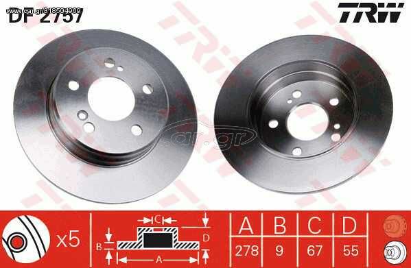 Δισκόπλακα TRW DF2757 για Mercedes-Benz SLK-Class R170 2000cc 200 Kompressor 192 1996-2000 M 111.943 5098066AA 05098066AA 5098065AA 68031811AA A2104230912 A2104230412 A2034230012 A2034230112 210423011