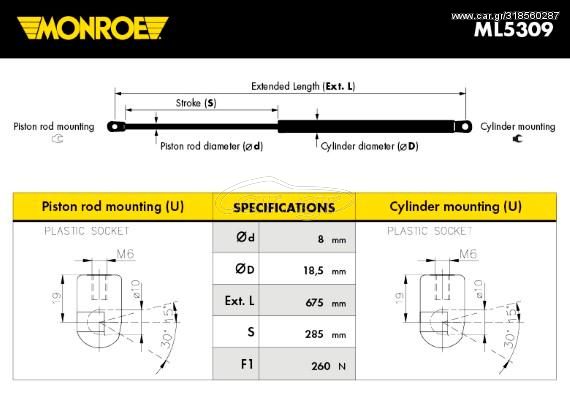 Αμορτ. αερίου, καπό κινητήρα MONROE ML5309 για Mercedes-Benz E-Class W211 3000cc D 211ps 2007-2008 OM 642.920 2118800029