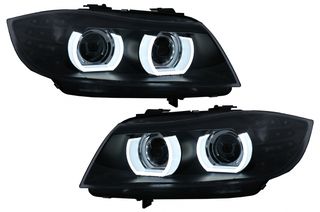 3D Angel Eyes LED DRL Xenon Headlights suitable for BMW 3 Series E90 E91 LCI (2008-2011) Black