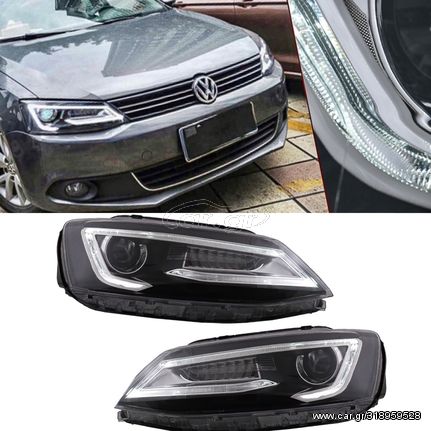 ΦΑΝΑΡΙΑ ΕΜΠΡΟΣ Headlights LED DRL Dual Beam Lens VW Jetta Mk6 VI (2011-2017) RHD Bi-Xenon Design with Dynamic Turn Signals Black Housing