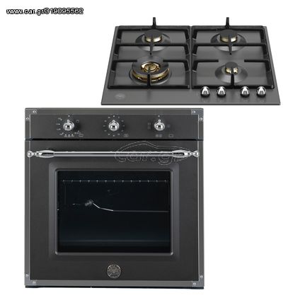 Bertazzoni Σετ 38 F60 5 HER G K NE + P60 4L HER NE Φούρνος Αερίου 57lt + Εστίες Αερίου Επισμαλτωμένη Μαύρη Ματ 4 Καυστήρων με Μπρούτζινους Διασπορείς 8,50kW