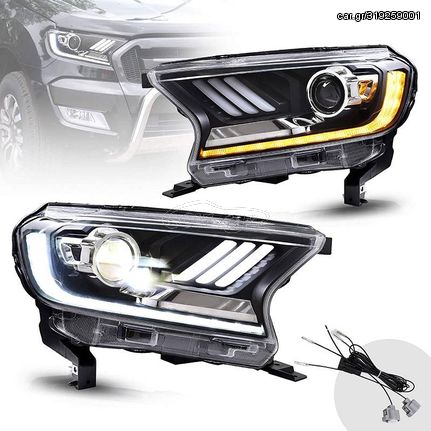 Μπροστινά Φανάρια Set Για Ford Ranger T7 T8 2016-2020 Munstang Look DRL Dynamic Μαύρα Full Led Με Μοτέρ