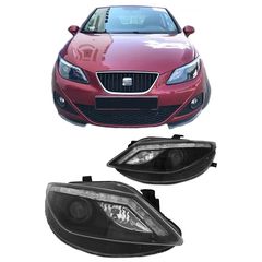 Μπροστινά Φανάρια Set Για Seat Ibiza 6J 08-12 DRL & Led Φλας Μαύρα H9 Με Μοτέρ JunYan