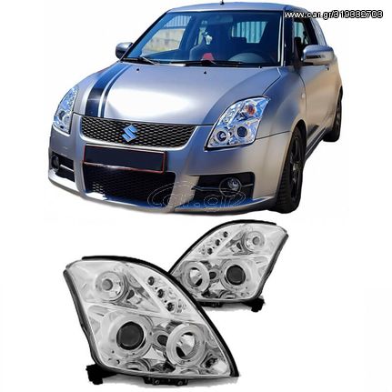 Μπροστινά Φανάρια Set Για Suzuki Swift 05-10 Angel Eyes & Led Χρωμίου H1/H1 Manual JunYan