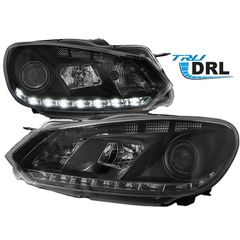 Μπροστινά Φανάρια Set Για Vw Golf VI (6) 08-12 TRU DRL Μαύρα H7/H1 Με Μοτέρ Sonar