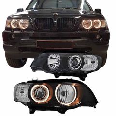 Μπροστινά Φανάρια Set Για Bmw X5 E53 99-03 Angel Eyes Μαύρα Xenon D2S/H7 Με Μοτέρ Depo