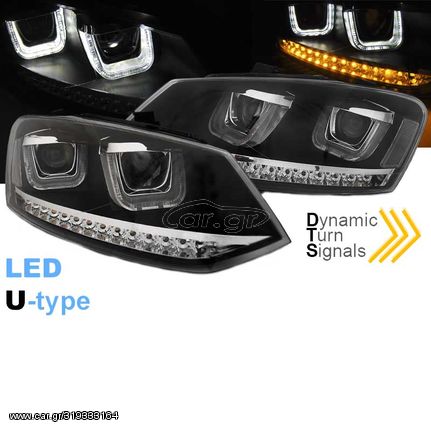 Μπροστινά Φανάρια Set Για Vw Polo 6R / 6C DRL U-Type & Dynamic Φλας Black H7/H7 Με Μοτέρ Eagle Eyes