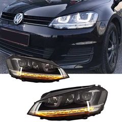 Μπροστινά Φανάρια Set Για Vw Golf VII (7) 12-17 U-Type DRL & Led Φλας Dynamic R-Line Look Μαύρα Bi-Led Projector Με Μοτέρ Carner