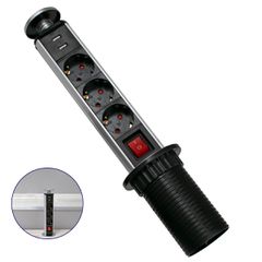 GLOBOSTAR® POWERFOLD 79630 Χωνευτό Πτυσσόμενο Πολύπριζο 5 Θέσεων με 2 x Πρίζες DC 5V USB 3.0 & 3 x EU Schuko Πρίζες Ασφαλείας Childproof AC 220-240V 3000W/13A Max Load με Διακόπτη On/Off IP20 - Μαύρο