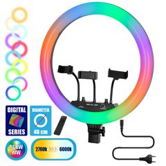 GloboStar® 75805 Professional Digital Ring Light Φ46cm LED SMD 70W 7000lm 180° AC 230V με Καλώδιο Τροφοδοσίας Πρίζας - Ασύρματο Χειριστήριο RF 2.4Ghz Εναλλαγής Χρωμάτων & 3 Βάσεις Τηλεφώνου - Πολύχρωμ