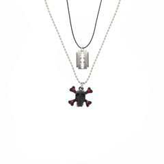 Black Skull & Crossbone with Red Stones and Razor Blade Double Necklace