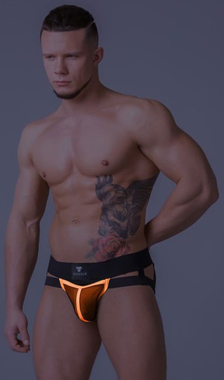 Maskulo Youngero. Men's Glow Jockstraps. Mesh Codpiece Orange