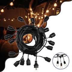 GLOBOSTAR® E27GARLAND 78985 Μοντέρνο Φωτιστικό Κήπου Γιρλάντα 20m με Ντουί 15 x E27 & Πρίζα Schuko Επεκτεινόμενη 90° AC 220-240V IP65 - Μαύρο - Μ1500 x Π127 x Υ16cm