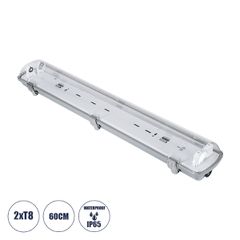 GLOBOSTAR® VIGAS 90611 Γραμμικό Βιομηχανικό Φωτιστικό Σκαφάκι Tri-Proof με Μεταλλικά Clips για 2 x Λάμπες T8 G13 60cm Τύπου Φθορίου LED Τροφοδοσίας Ενός Άκρου 120° AC 220-240V Αδιάβροχο IP65 - Γκρι με