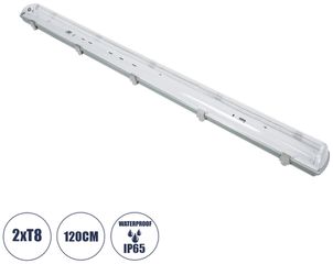GloboStar® 90613 120cm Tri-Proof Πλαστικό PC Σκαφάκι με Μεταλλικά Clips για 2 x Λάμπες T8 Τύπου Φθορίου LED Τροφοδοσίας Ενός Άκρου Αδιάβροχο IP65