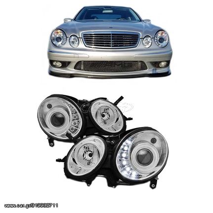 Μπροστινά Φανάρια Set Για Mercedes-Benz E-Class W211 02-06 DRL H7/H7 Chrome Με Μοτέρ Sonar