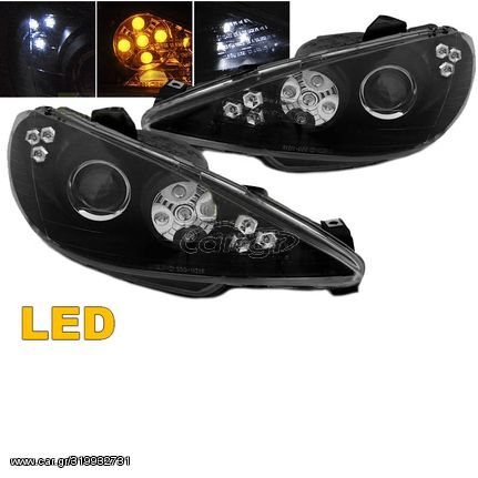 Μπροστινά Φανάρια Set Για Peugeot 206 02-07 Led Θέσεως & Φλας Μαύρα H7 Depo