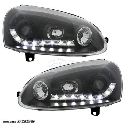 Μπροστινά Φανάρια Set Για Vw Golf V (5) 03-08 DRL Μαύρα H1/H1 Με Μοτέρ JunYan