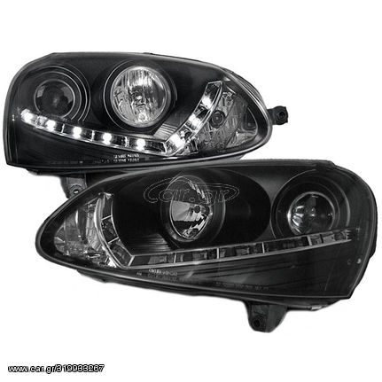 Μπροστινά Φανάρια Set Για Vw Golf V (5) 03-08 DRL V-Look Μαύρα H7/H7 Με Μοτέρ Sonar