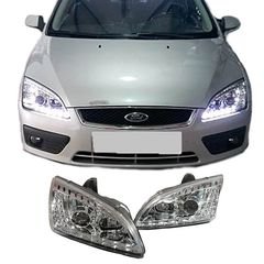 Μπροστινά Φανάρια Set Για Ford Focus 04-08 DRL & Led Φλας Χρωμίου H1/H1 JunYan