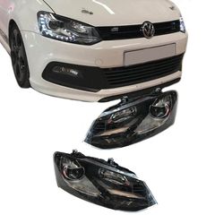 Μπροστινά Φανάρια Set Για Vw Polo 6R/ 6C 09-17 DRL GTI R-Look Μαύρα Με Ασημί Γραμμή H7/H7 Με Μοτέρ Carner