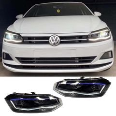 Μπροστινά Φανάρια Set Για Vw Polo AW 17+ DRL Led Tube GTI Look Μαύρα Με Ασημί Γραμμή Upgrade With Xenon With Motor Carner