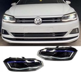  Μπροστινά Φανάρια Για Vw Polo AW 17+ DRL Led Tube GTI Look Μαύρα Με Ασημί Γραμμή