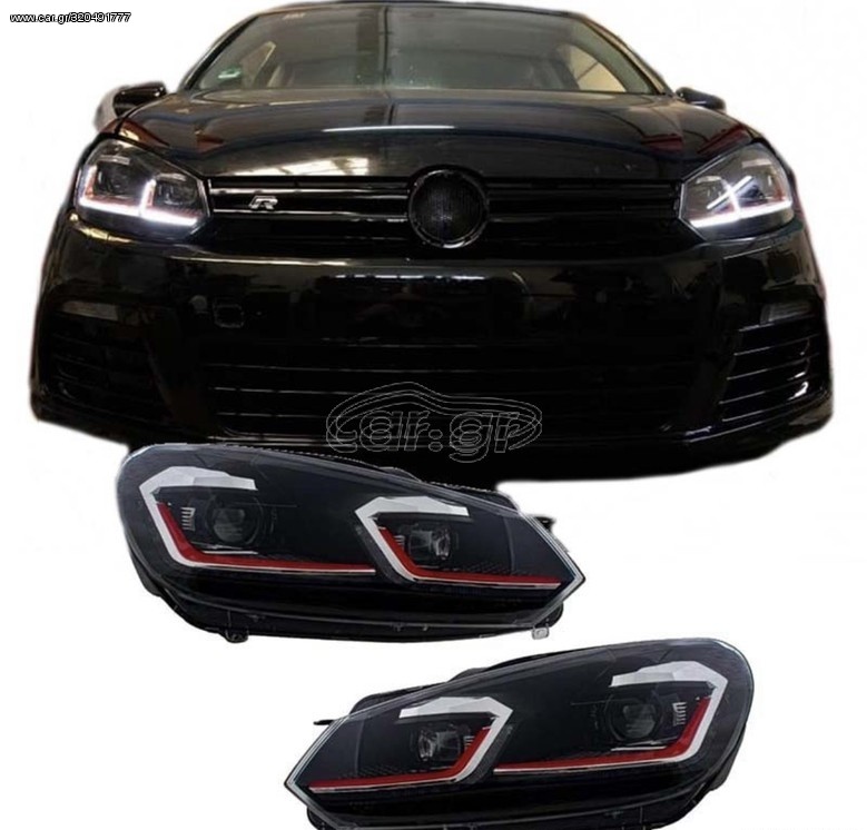 Μπροστινά Φανάρια  Vw Golf VI (6) 08-12 DRL & Led Signal Dynamic Look Golf 7,5 GTI BLACK/RED 