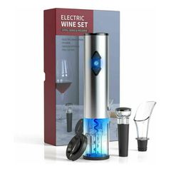 Φορητό Ηλεκτρικό Ανοιχτήρι Κρασιού με Φωτισμό LED - Τιρμπουσόν, Πώμα, Κόπτης και Δαχτυλίδι Σταξίματος - Electric Wine Opener Set