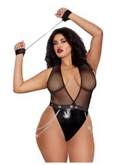 Faux-Leather Deep Plunge Halter Teddy Queen