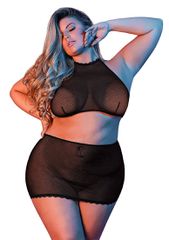 Polka Dot Mesh Halter & Skirt Set - Black - Queen Size