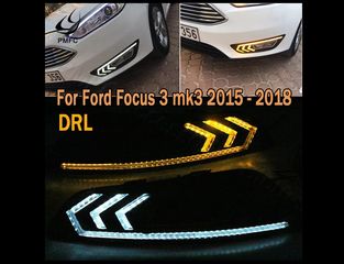 LED φώτα ημέρας DRL για Ford focus 3 mk3 2015- 2018. Έτοιμο σετ με καλωδίωση και ρελέ. Διπλή λειτουργία (φώτα ημέρας και φλας). Λευκό φώς για φώτα ημέρας και πορτοκάλι για φλας.