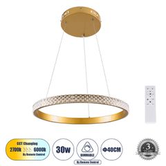 GLOBOSTAR® DIAMOND 61129 Μοντέρνο Κρεμαστό Φωτιστικό Οροφής LED 30W 3513lm 360° AC 220-240V IP20 Ρυθμιζόμενο Λευκό CCT με Χειριστήριο από 2700K έως 6000K Dimmable - Lumileds SMD Chip - Χρυσό Βούρτσας