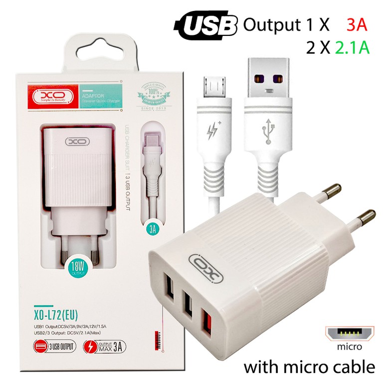 Xo L72 Eu QC3.0+2.1A 3xUSB Micro Cable