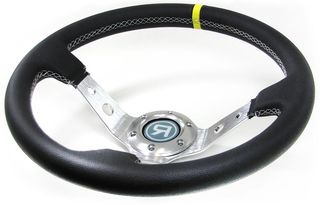 350mm σπορ τιμόνι, πραγματικό δέρμα, αλουμίνιο, μαύρο, αγωνιστικός ΤΥΠΟΣ 2